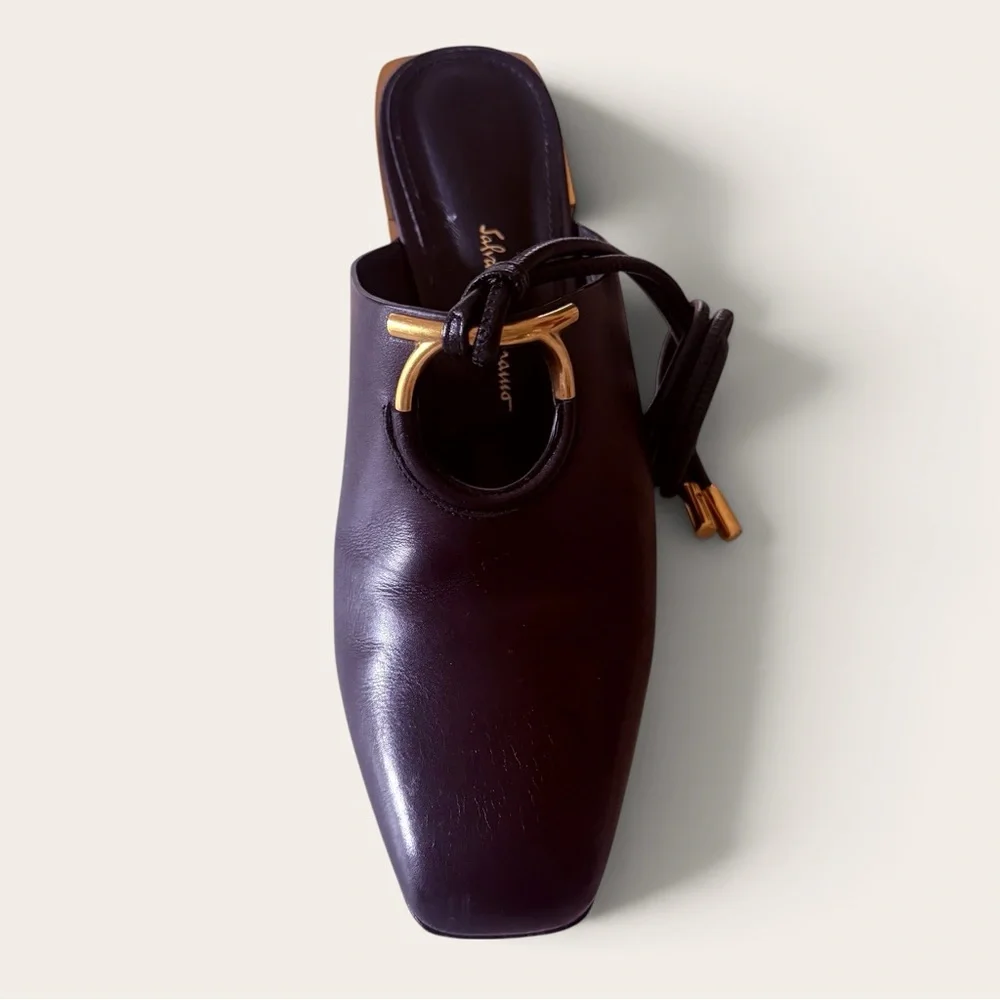 Salvatore Ferragamo Black Leather Lace-Up Mules Brushed Gold Heel - Picture 2 of 8